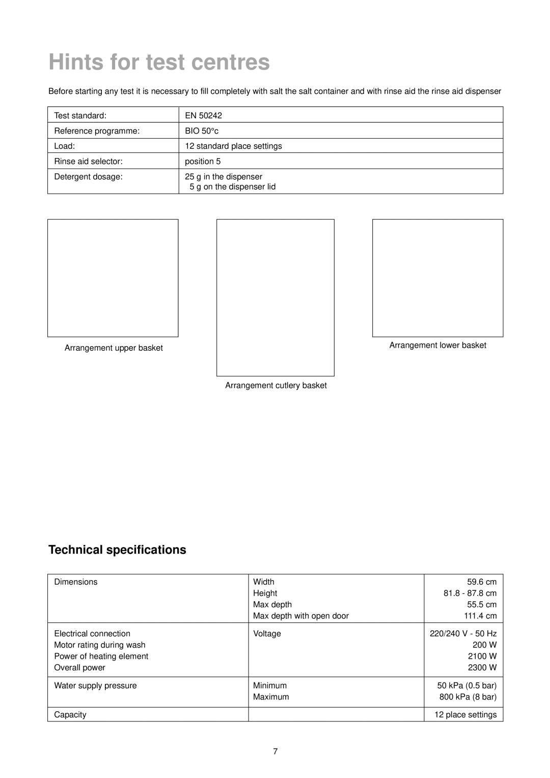 Zanussi ZT 6905 manual Hints for test centres, Technical specifications 