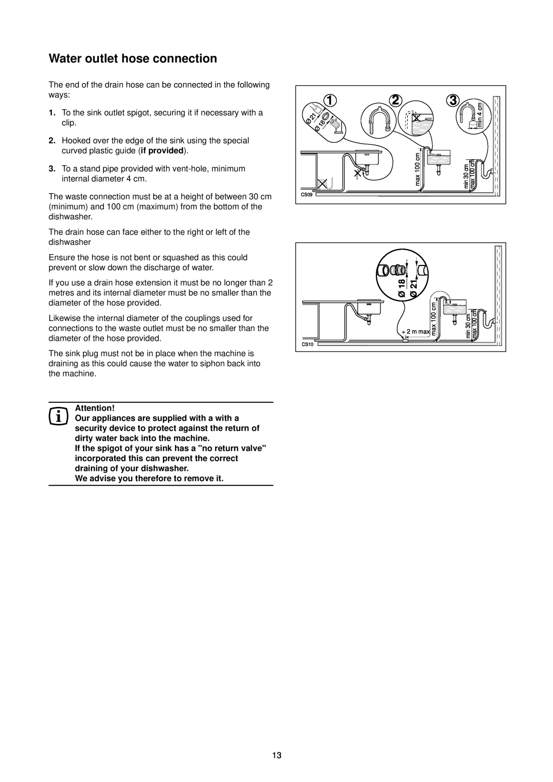 Zanussi ZT 6905 manual Water outlet hose connection, The end of the drain hose can be connected in the following ways 