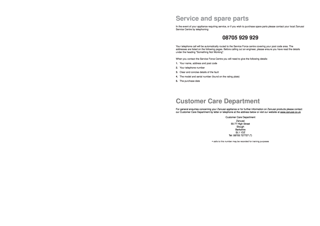 Zanussi ZT 6905 manual Service and spare parts, Customer Care Department, 08705 