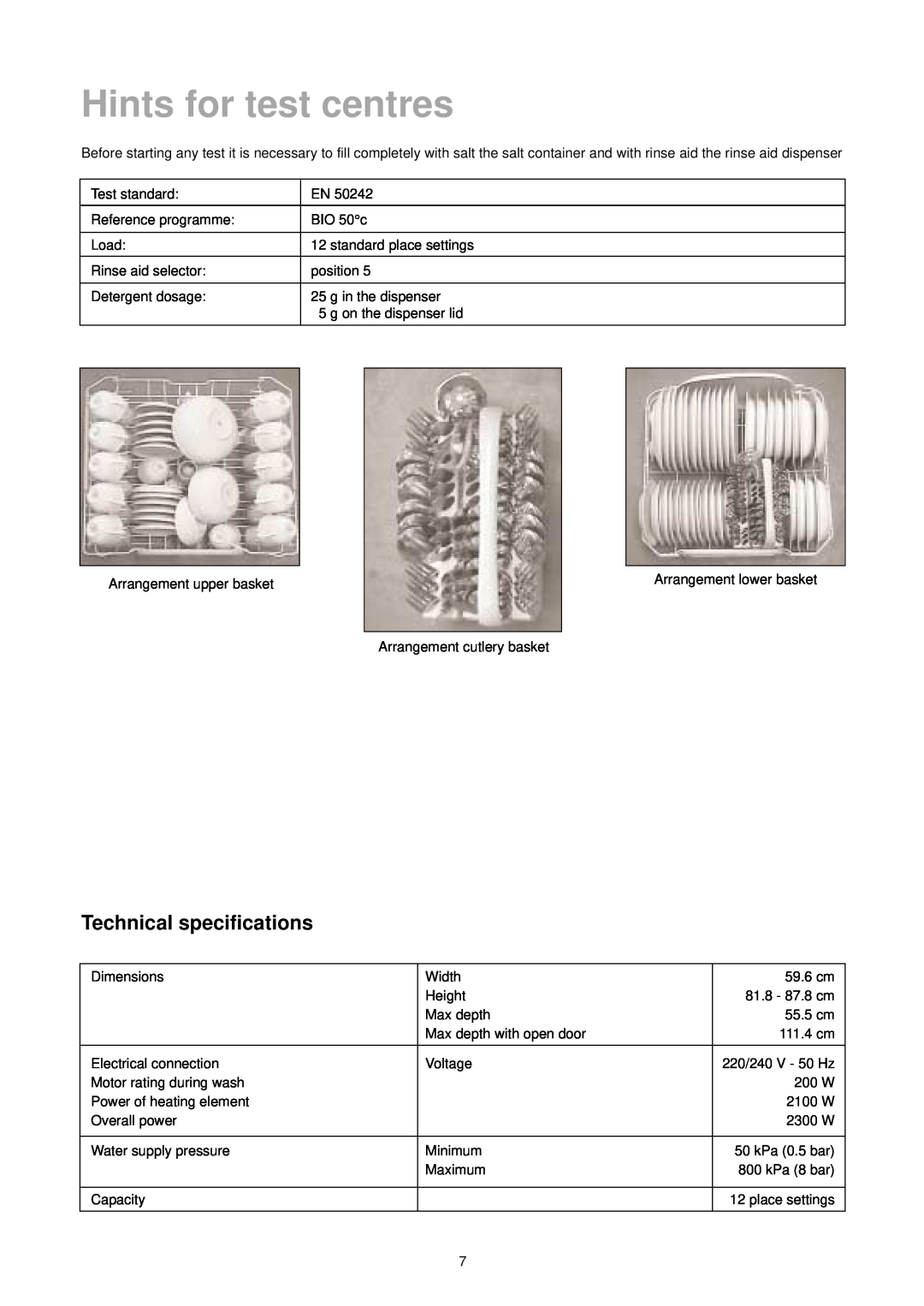 Zanussi ZT 6905 manual Hints for test centres, Technical specifications 