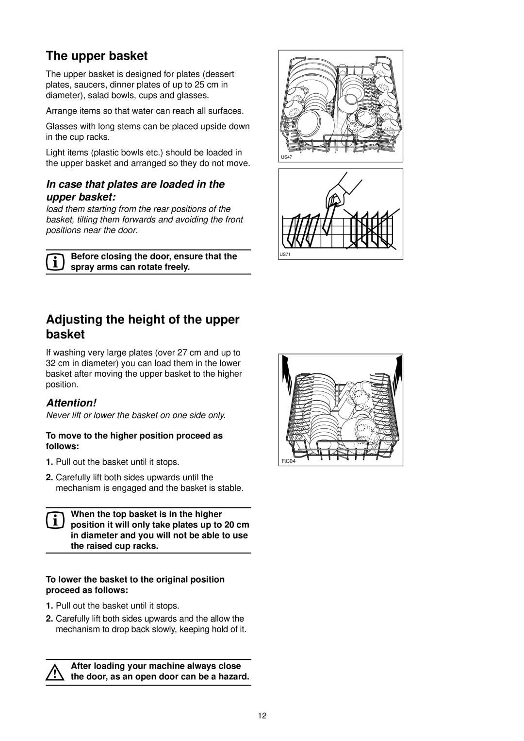 Zanussi ZT 6910 Upper basket, Adjusting the height of the upper basket, Arrange items so that water can reach all surfaces 