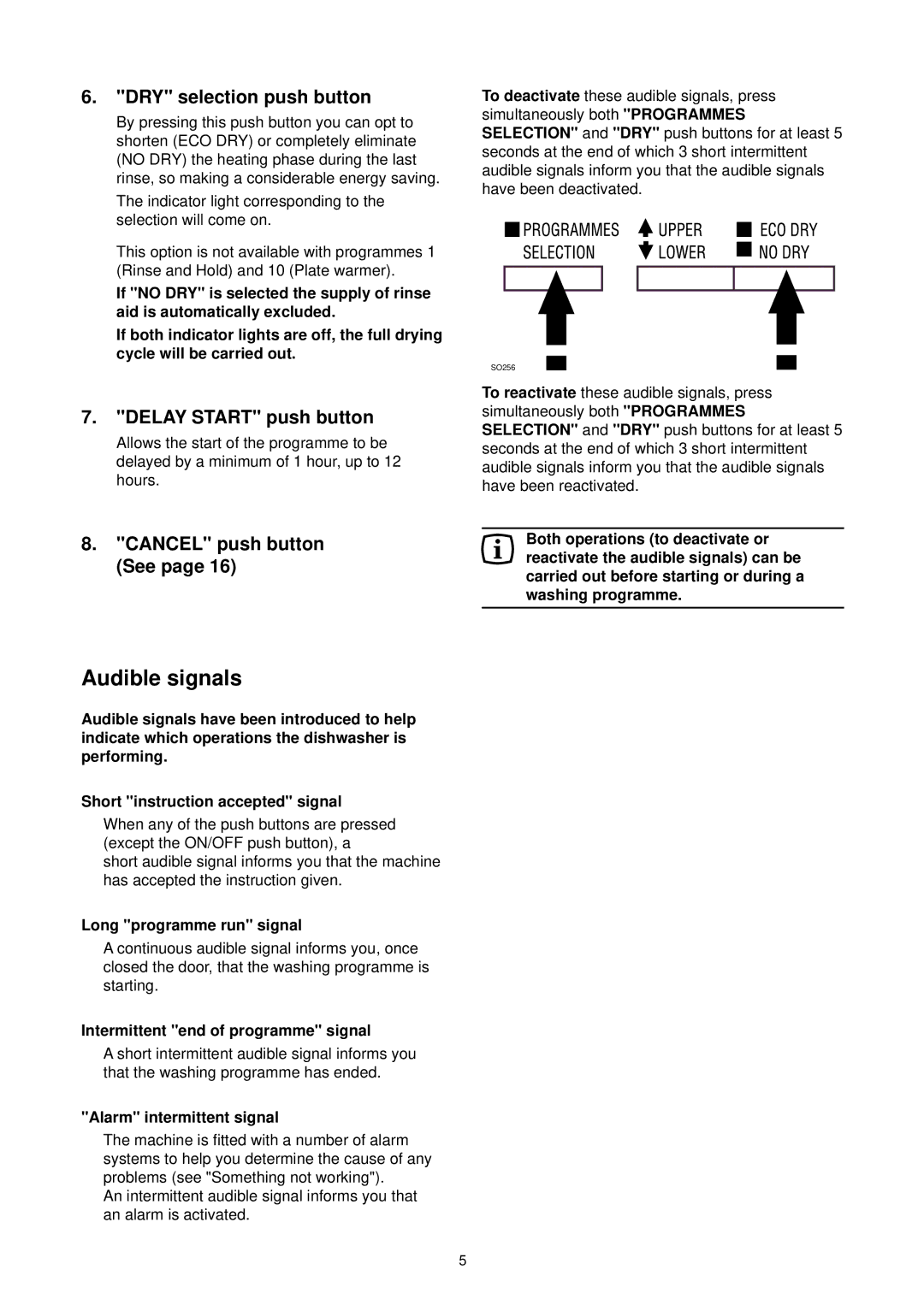 Zanussi ZT 6910 manual Audible signals, DRY selection push button, Delay Start push button 