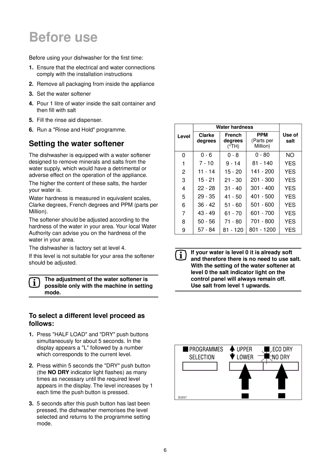 Zanussi ZT 6910 manual Before use, Setting the water softener, To select a different level proceed as follows 