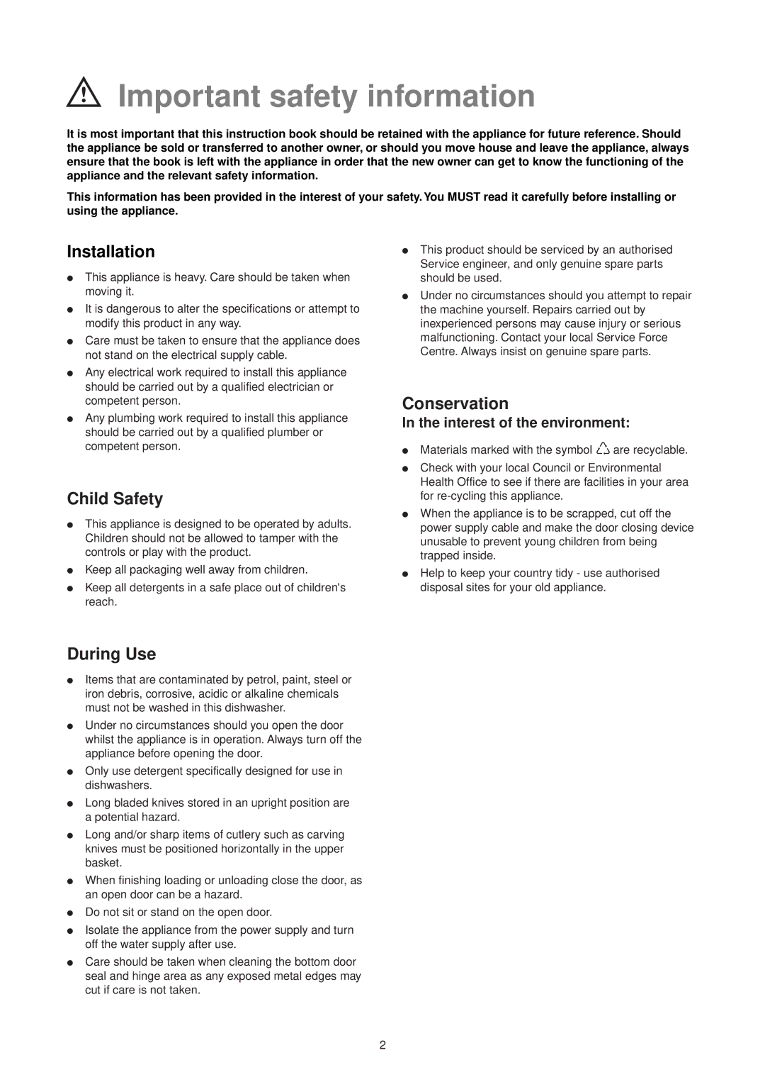 Zanussi ZT 695 manual Important safety information, Installation, Child Safety, Conservation, During Use 