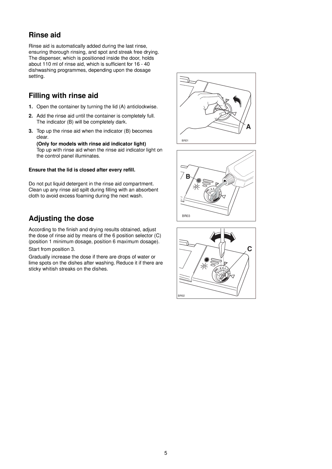 Zanussi ZT 695 manual Rinse aid, Filling with rinse aid, Adjusting the dose, Only for models with rinse aid indicator light 