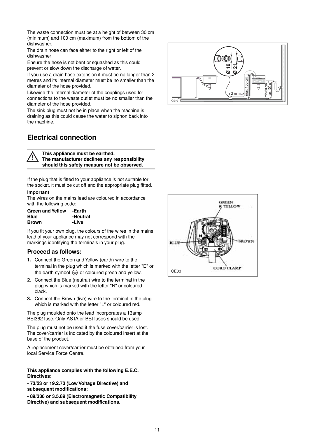 Zanussi ZT 695 manual Electrical connection, Proceed as follows, Green and Yellow Earth Blue Neutral Brown Live 