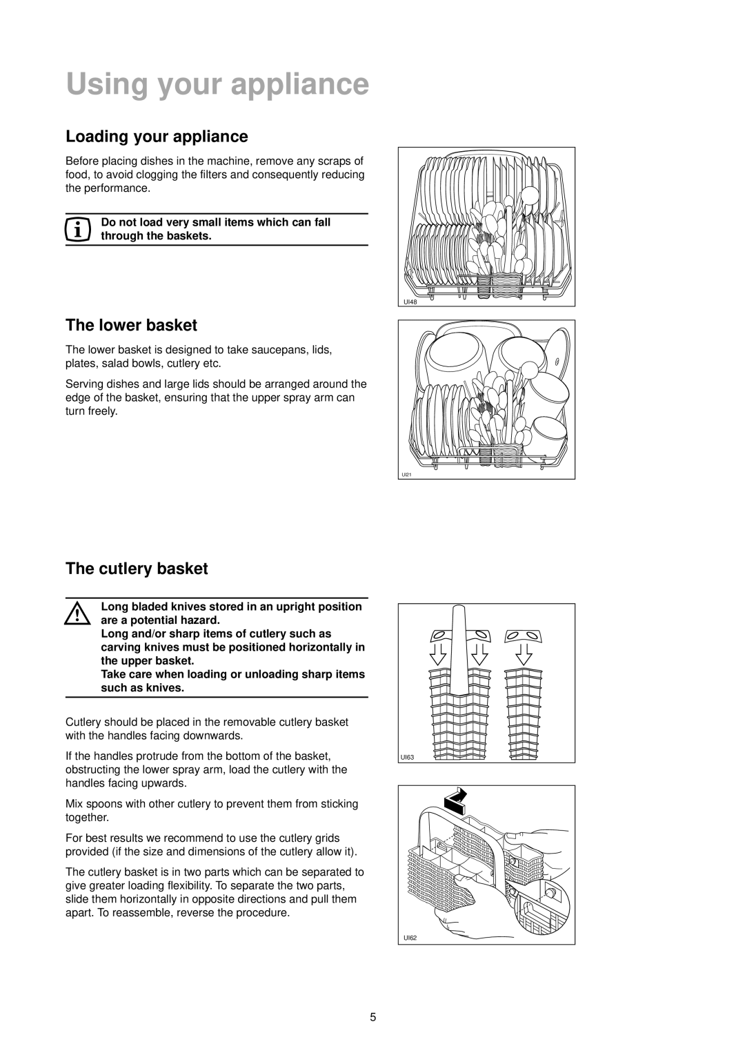 Zanussi ZT 695 manual Using your appliance, Loading your appliance, Lower basket, Cutlery basket 