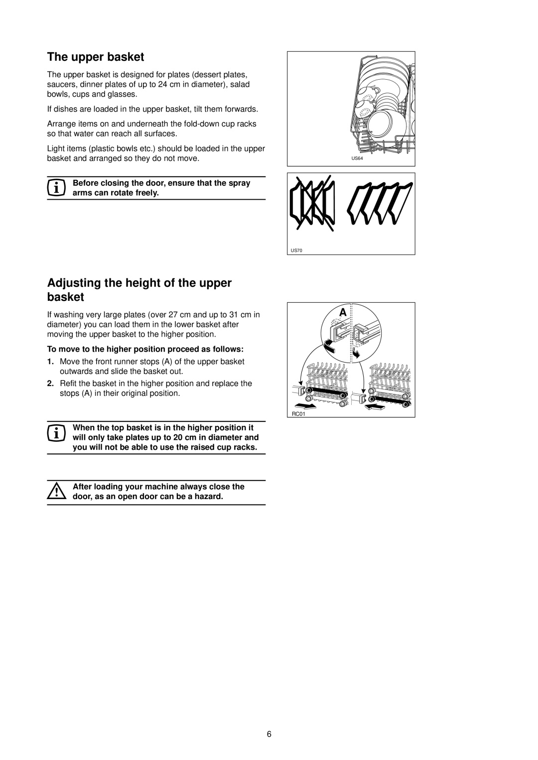 Zanussi ZT 695 Upper basket, Adjusting the height of the upper basket, To move to the higher position proceed as follows 