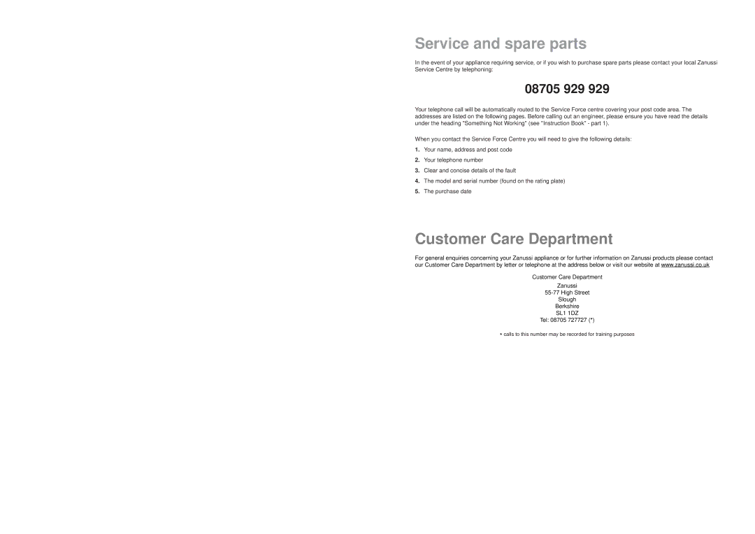 Zanussi ZT 695 manual Service and spare parts, Customer Care Department 