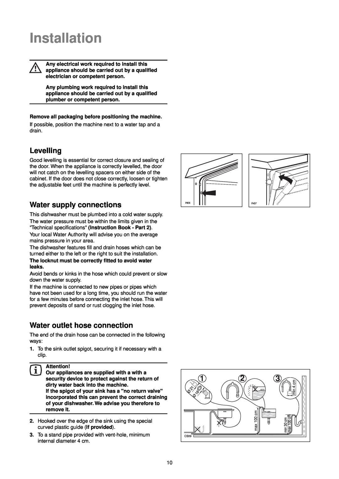 Zanussi ZT 695 manual Installation, Levelling, Water supply connections, Water outlet hose connection 