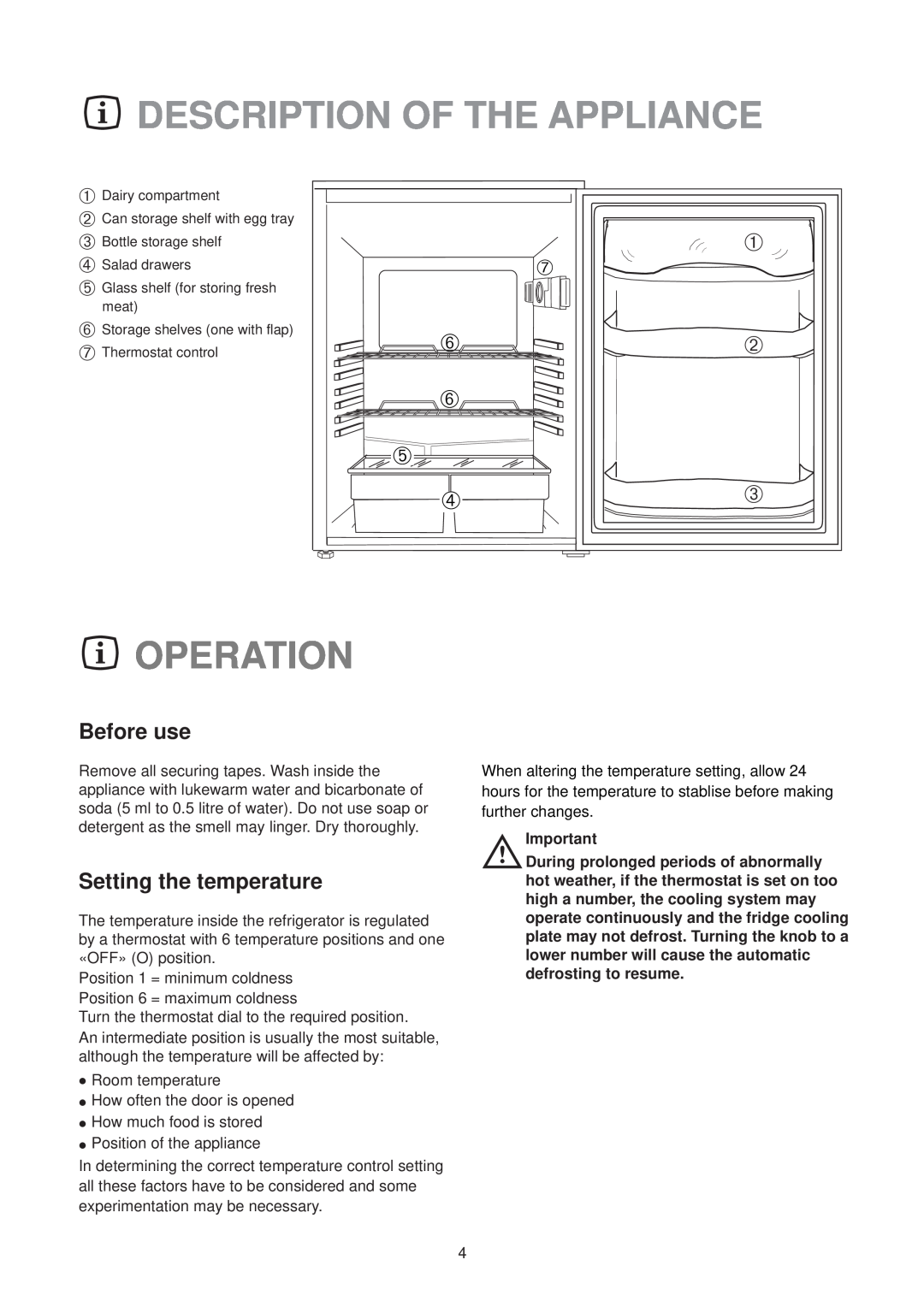 Zanussi ZTR 56 RN, ZTR 56 RL manual Description Of The Appliance, Operation, Before use, Setting the temperature 