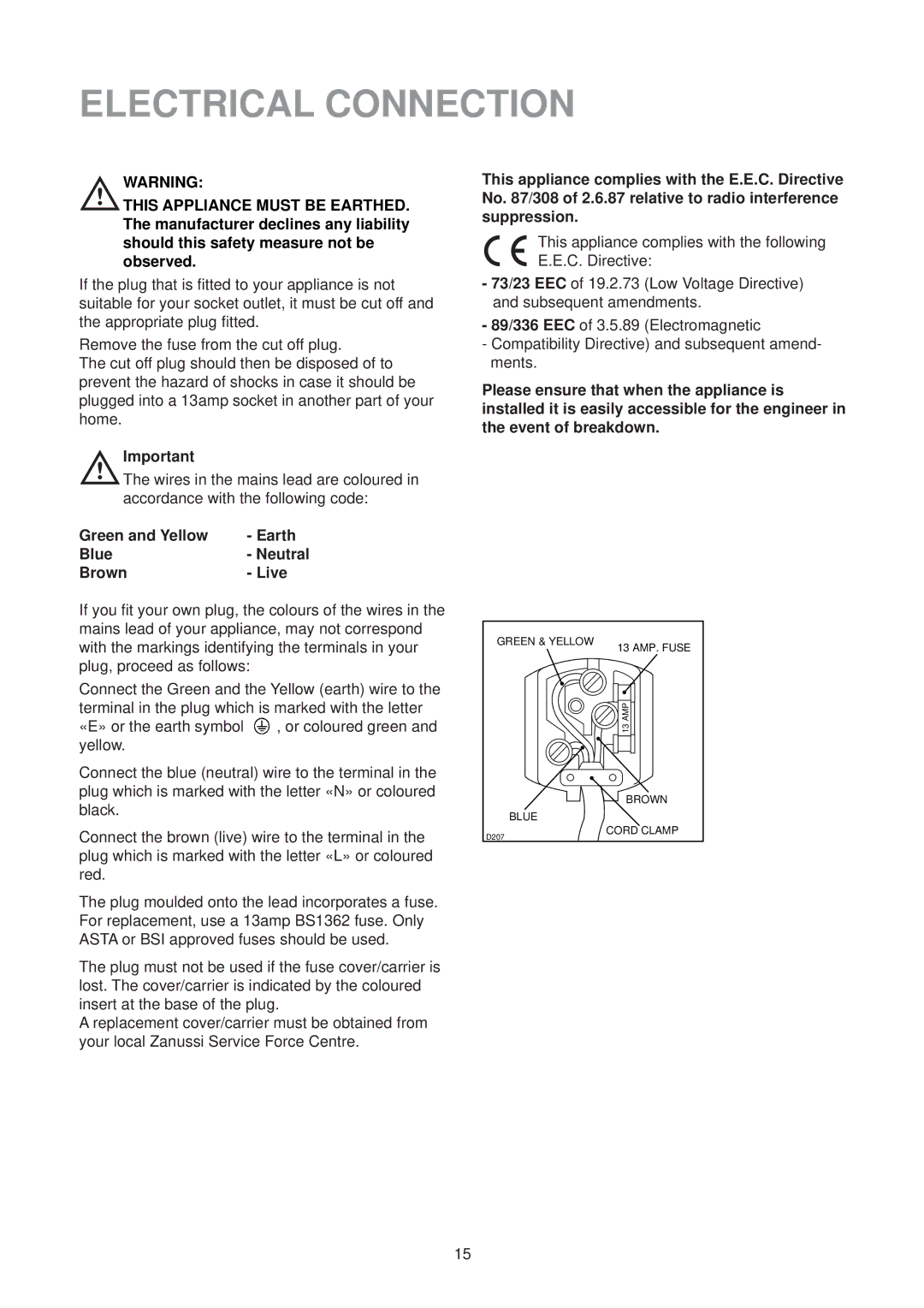 Zanussi ZTR 57 R manual Electrical Connection, Green and Yellow Earth Blue Neutral Brown Live 