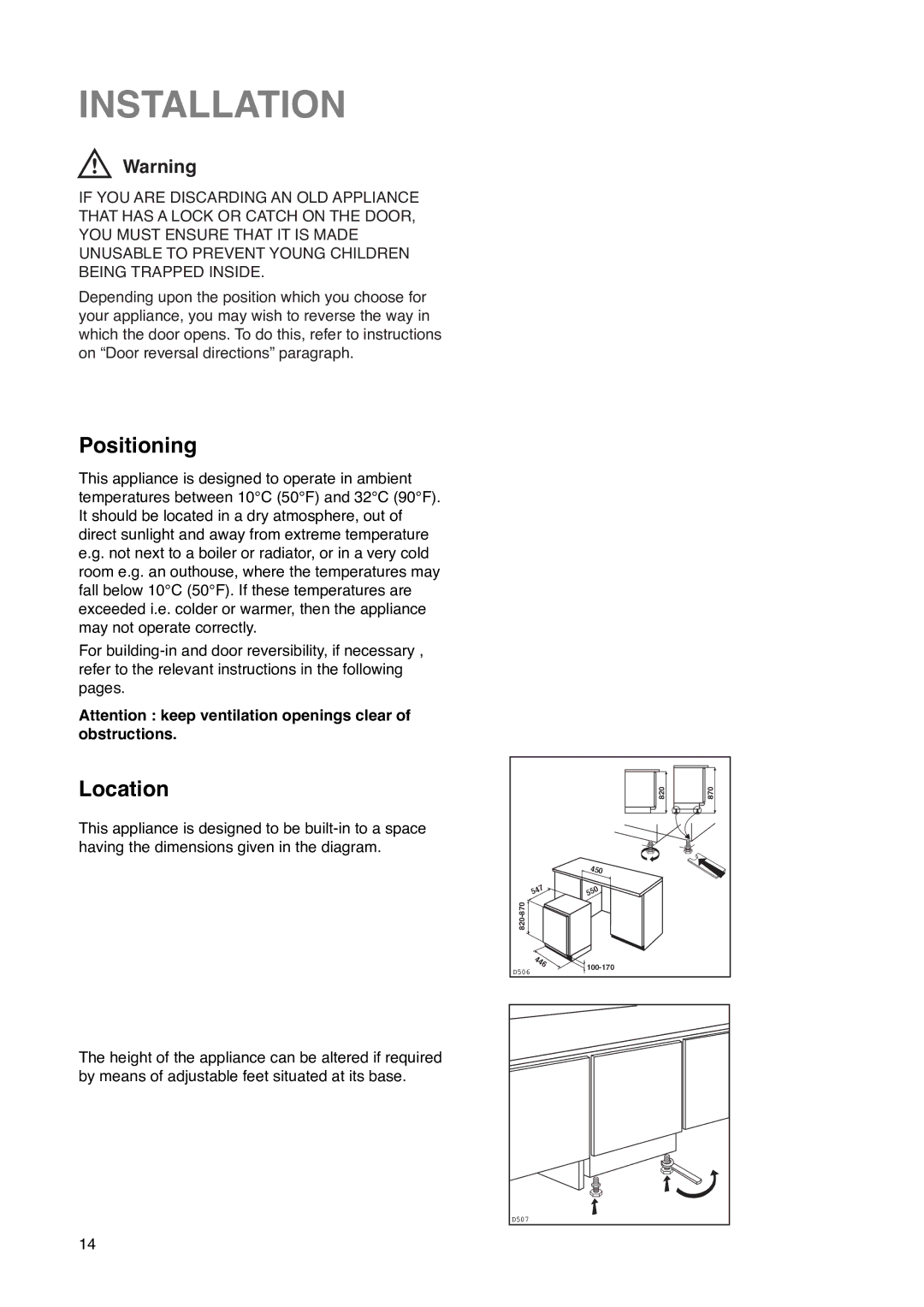 Zanussi ZU 7115 manual Installation, Positioning, Location 