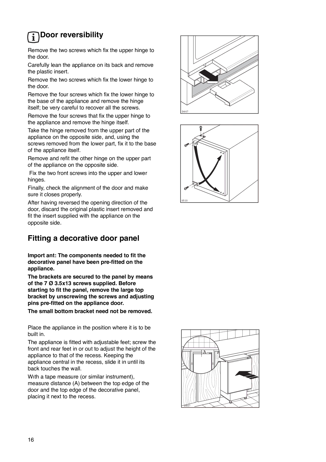 Zanussi ZU 7115 manual Door reversibility, Fitting a decorative door panel 