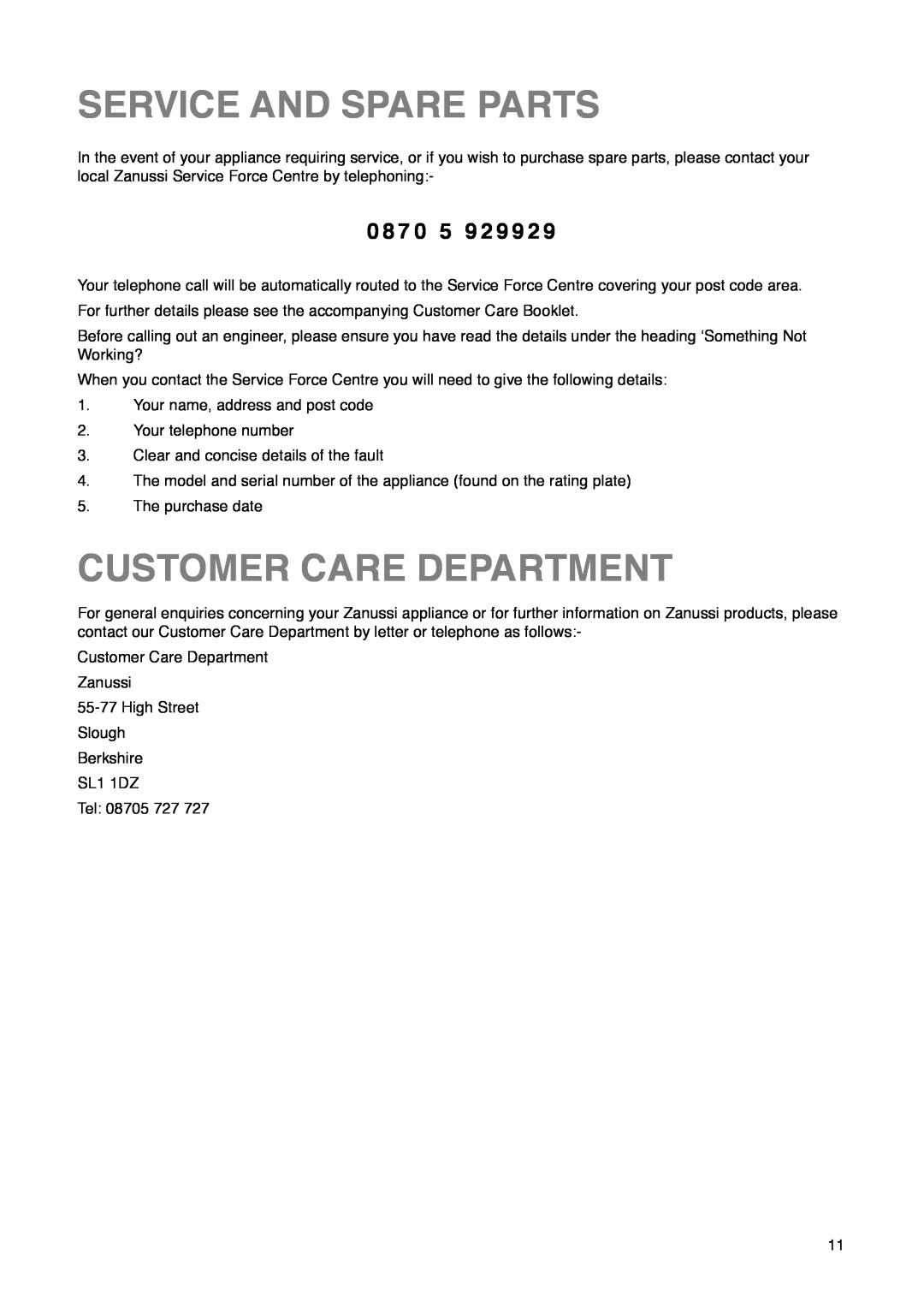 Zanussi ZU 7115 manual Service And Spare Parts, Customer Care Department, 0 8 7 0 5 9 2 9 