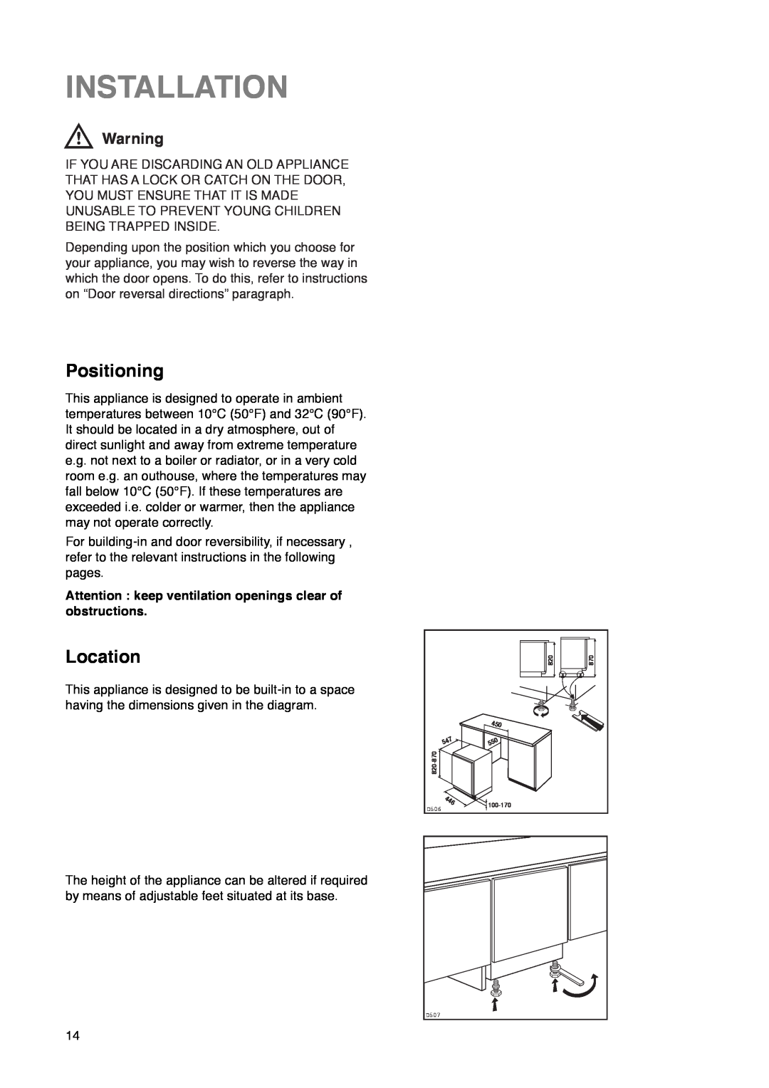Zanussi ZU 7115 manual Installation, Positioning, Location 