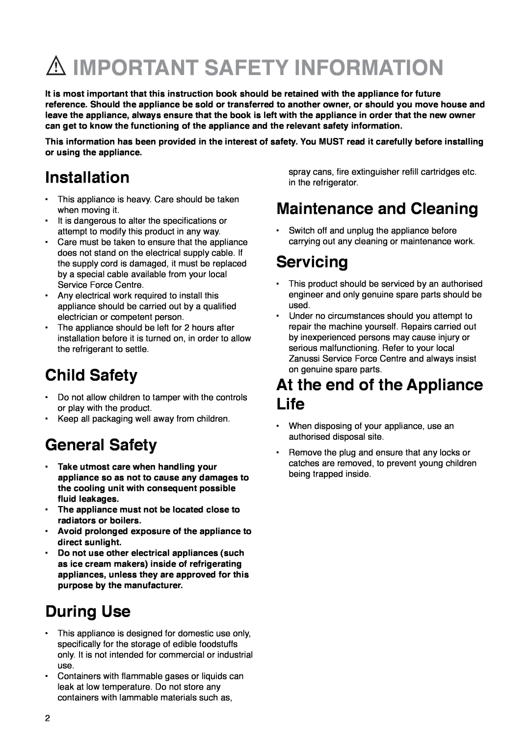 Zanussi ZU 7115 manual Important Safety Information, Installation, Child Safety, General Safety, Maintenance and Cleaning 