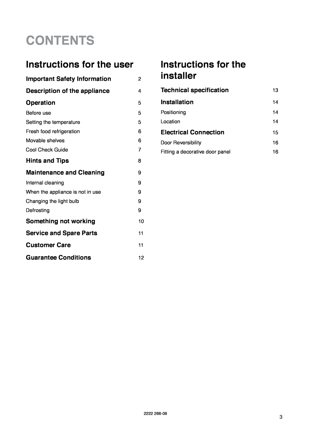 Zanussi ZU 7115 manual Contents, Instructions for the user, Instructions for the installer 