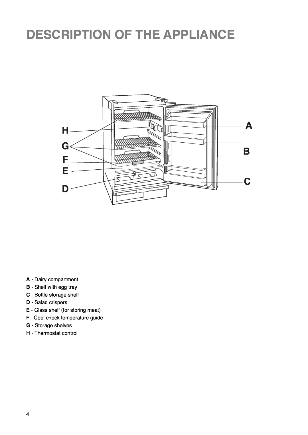 Zanussi ZU 7115 manual Description Of The Appliance, H G F E D, A B C 