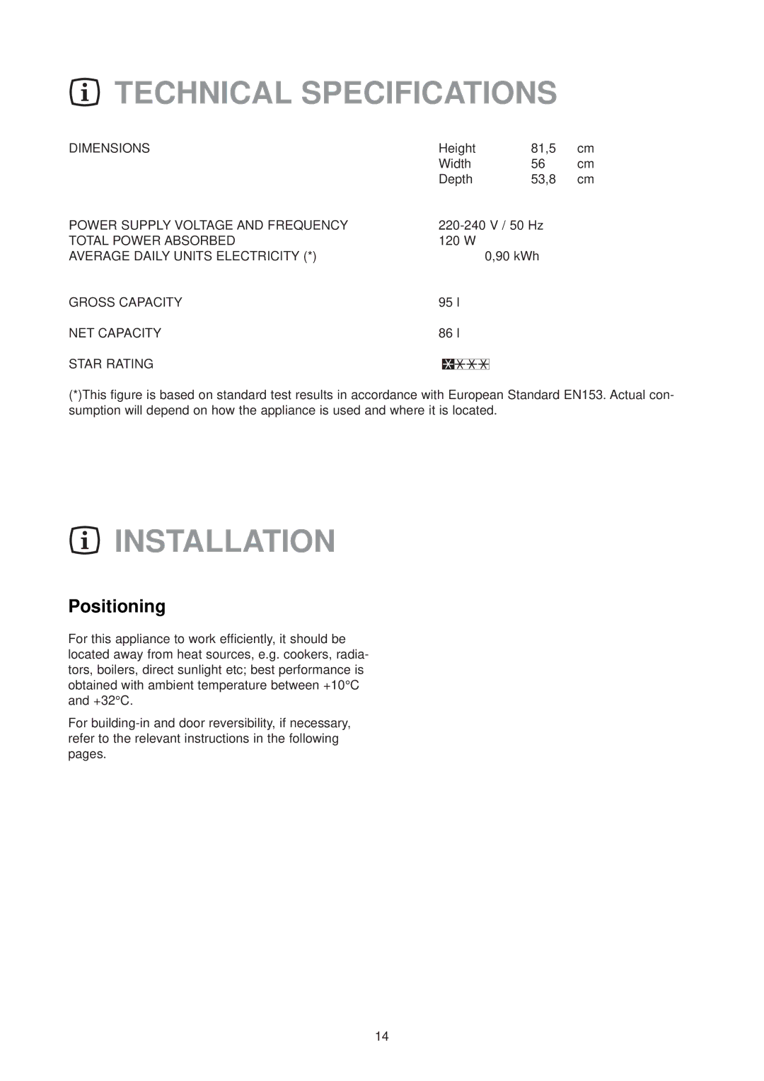 Zanussi ZU 7120 F manual Technical Specifications, Installation, Positioning 