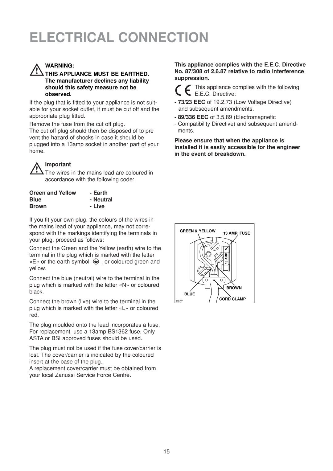 Zanussi ZU 7120 F manual Electrical Connection, Green and Yellow Earth Blue Neutral Brown Live 