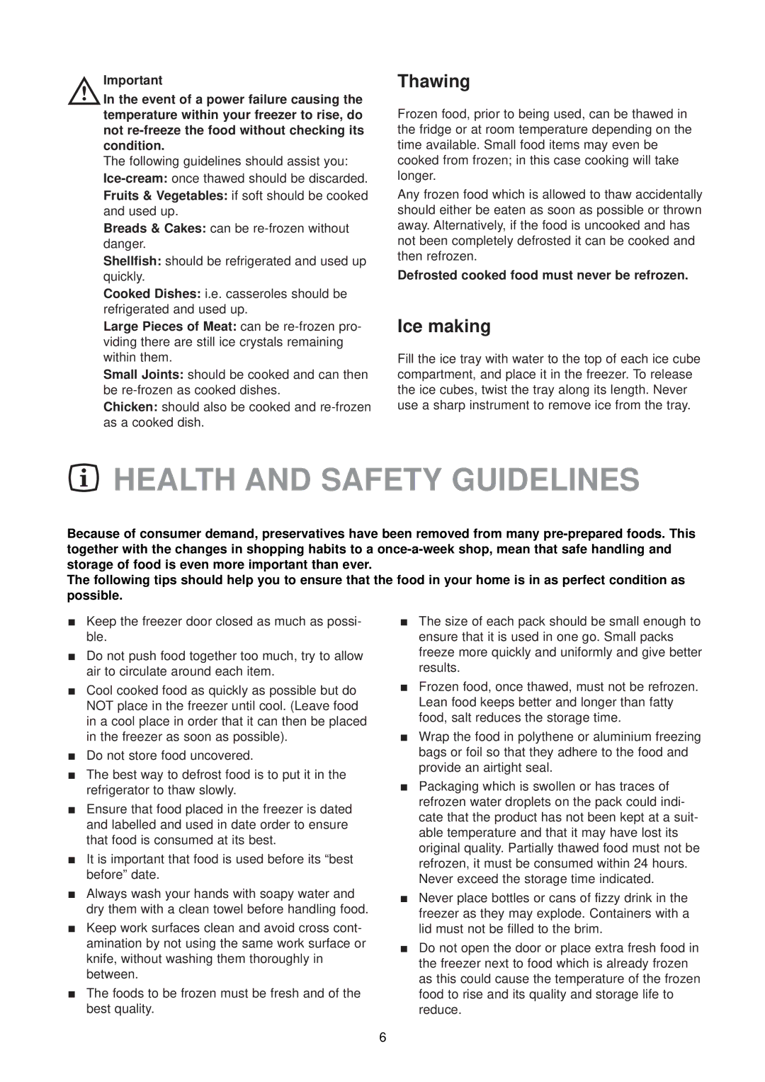 Zanussi ZU 7120 F manual Health and Safety Guidelines, Thawing, Ice making 