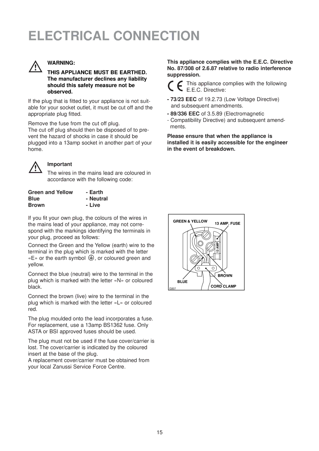 Zanussi ZU 7155 manual Electrical Connection, Green and Yellow Earth Blue Neutral Brown Live 