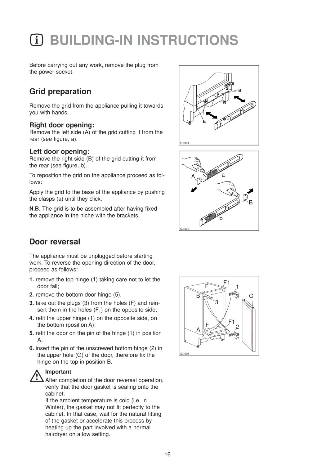 Zanussi ZU 7155 manual BUILDING-IN Instructions, Grid preparation, Door reversal 