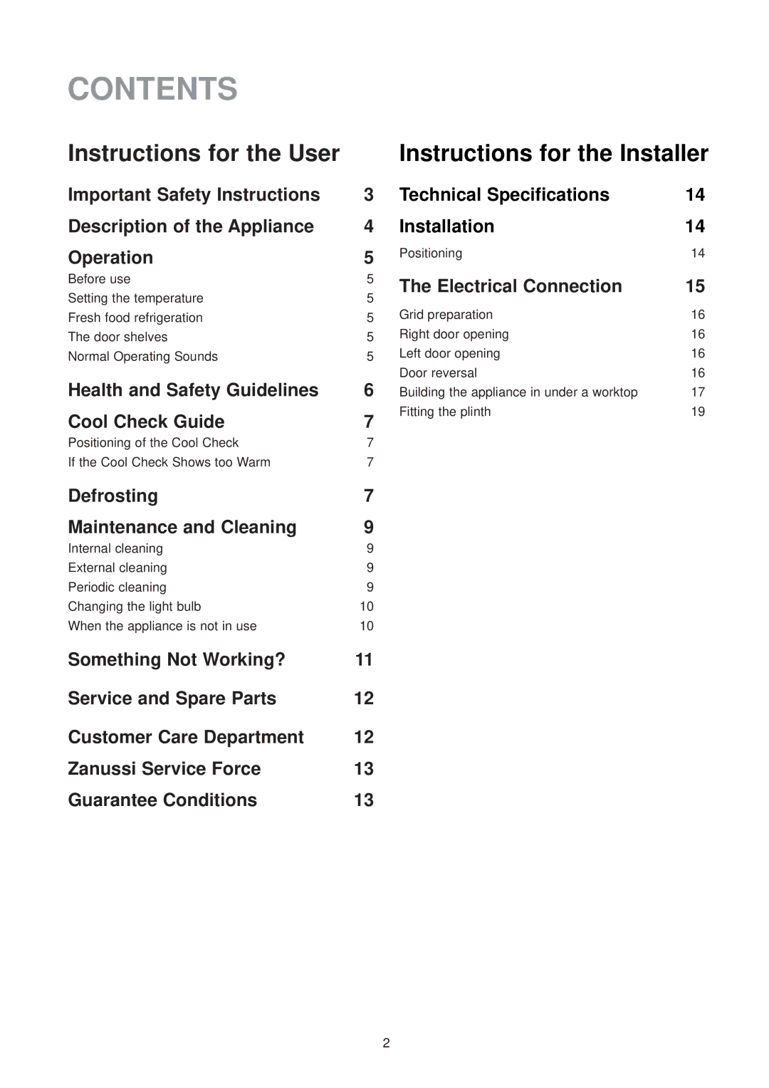 Zanussi ZU 7155 manual Contents 