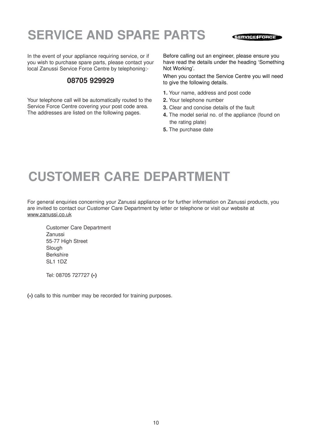 Zanussi ZU 7155 manual Service And Spare Parts, Customer Care Department 