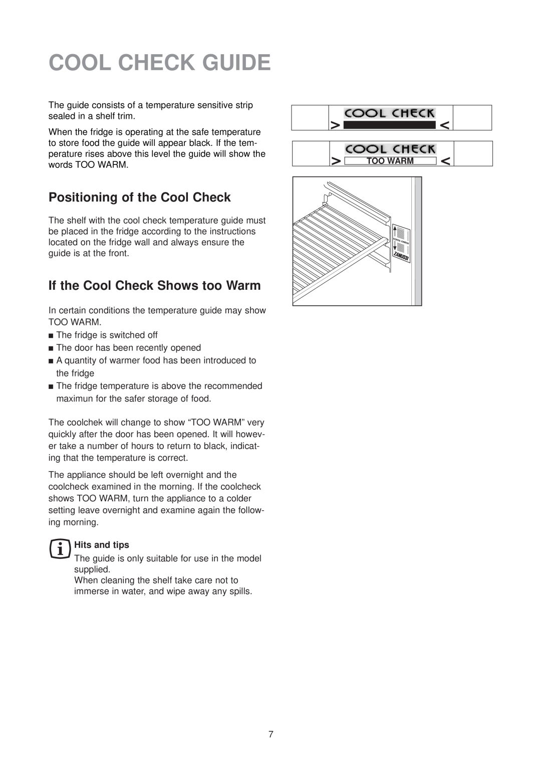Zanussi ZU 7155 manual Cool Check Guide, Positioning of the Cool Check, If the Cool Check Shows too Warm, Hits and tips 