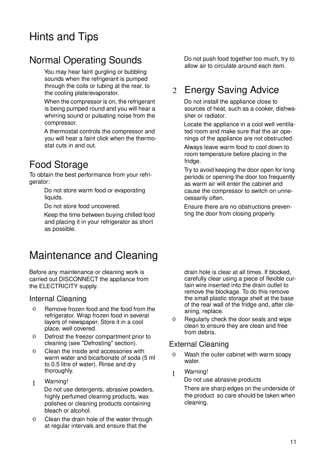 Zanussi ZU 8124 Hints and Tips, Maintenance and Cleaning, Normal Operating Sounds, Food Storage, Energy Saving Advice 