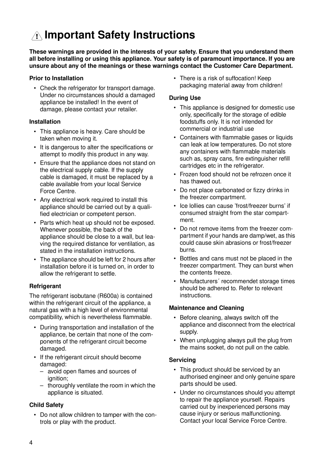 Zanussi ZU 8124 manual Important Safety Instructions 