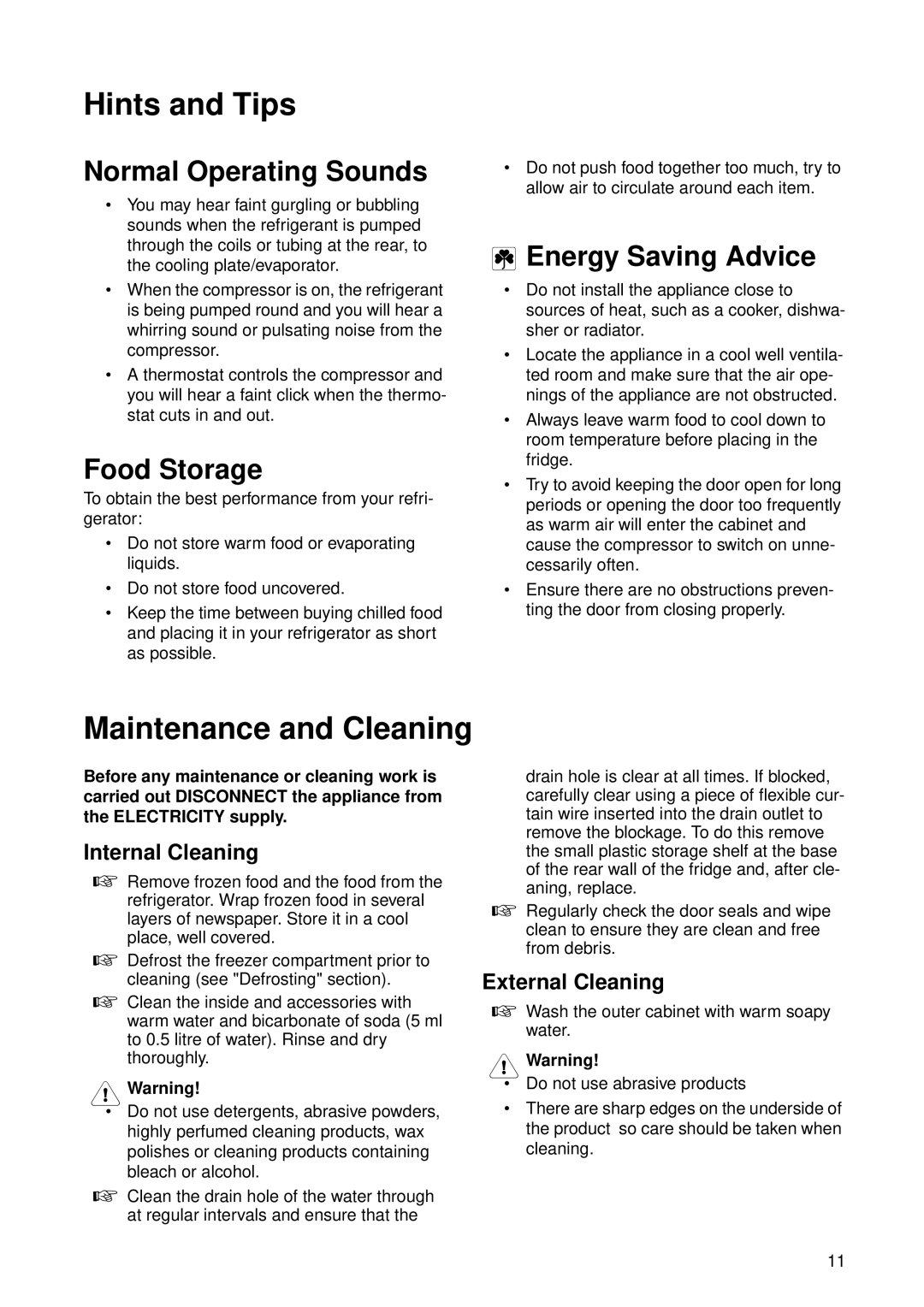 Zanussi ZU 8124 Hints and Tips, Maintenance and Cleaning, Normal Operating Sounds, Food Storage, Energy Saving Advice 