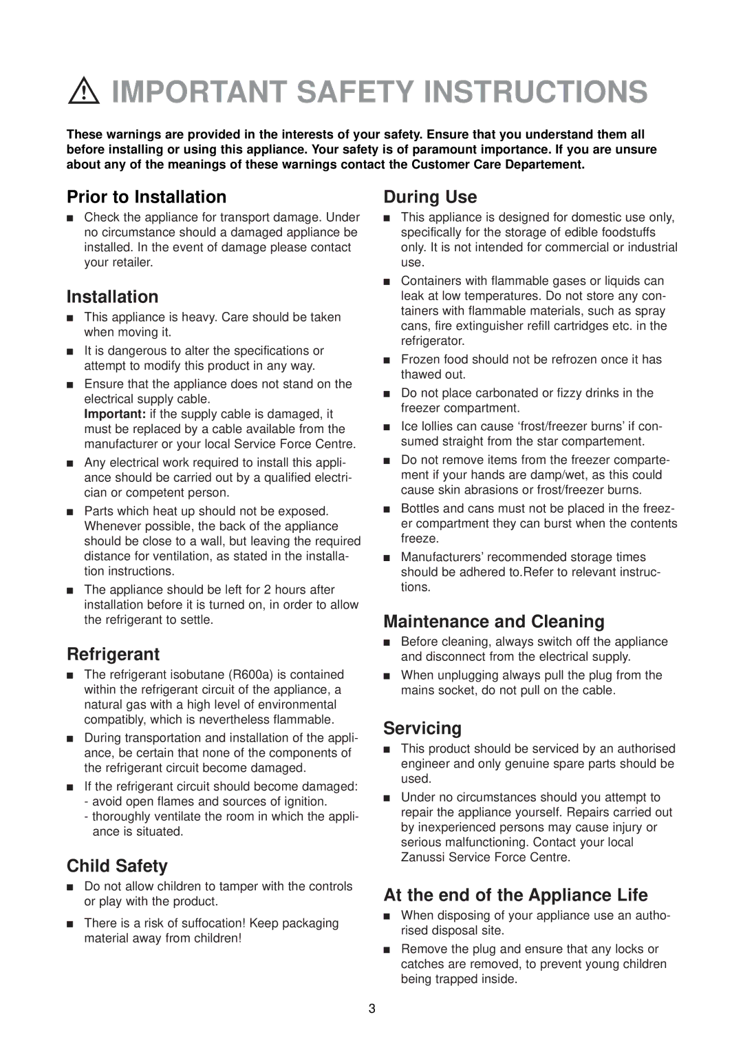 Zanussi ZU 9100 F manual Important Safety Instructions 