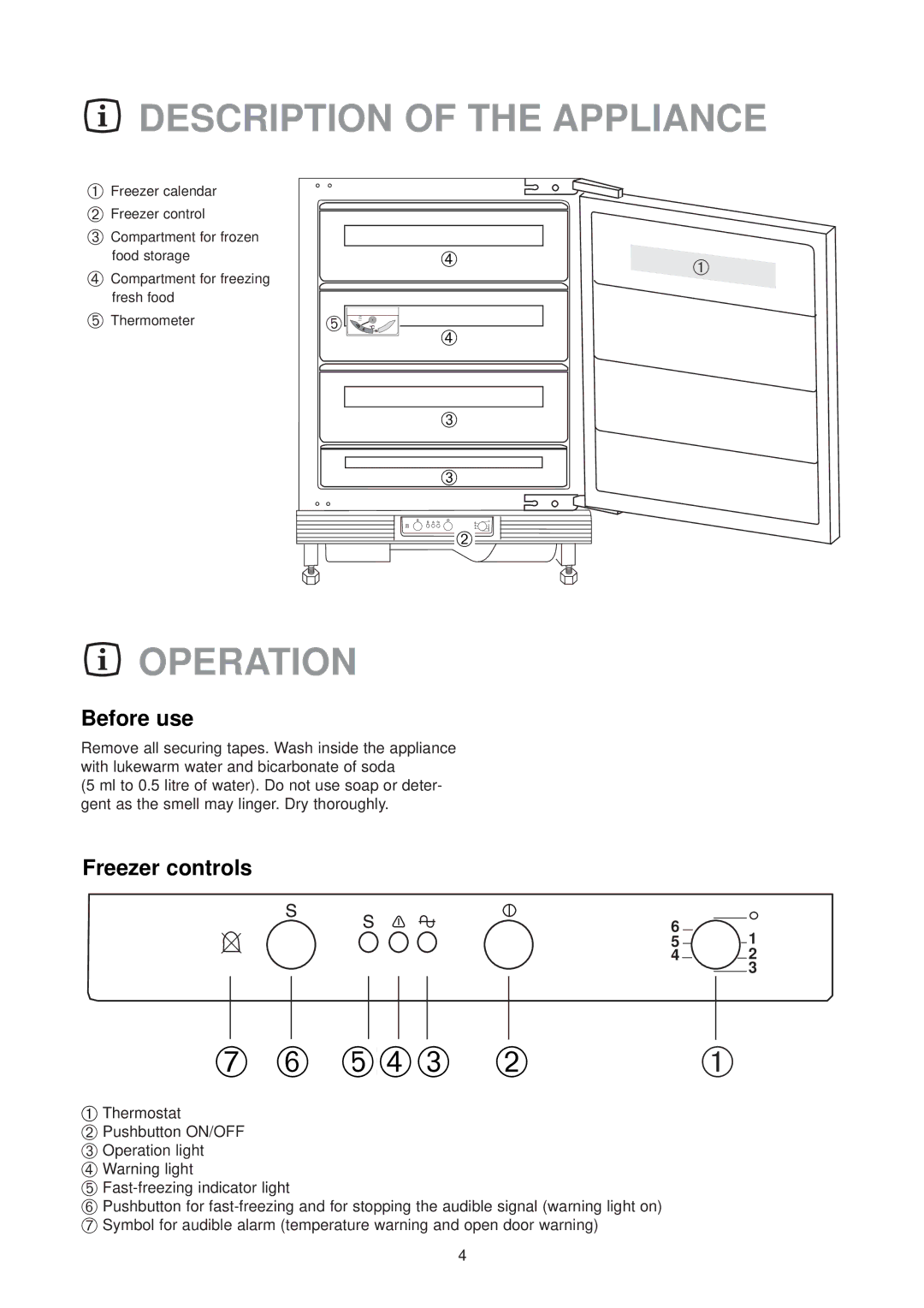 Zanussi ZU 9100 F manual Description of the Appliance, Operation, Before use, Freezer controls 