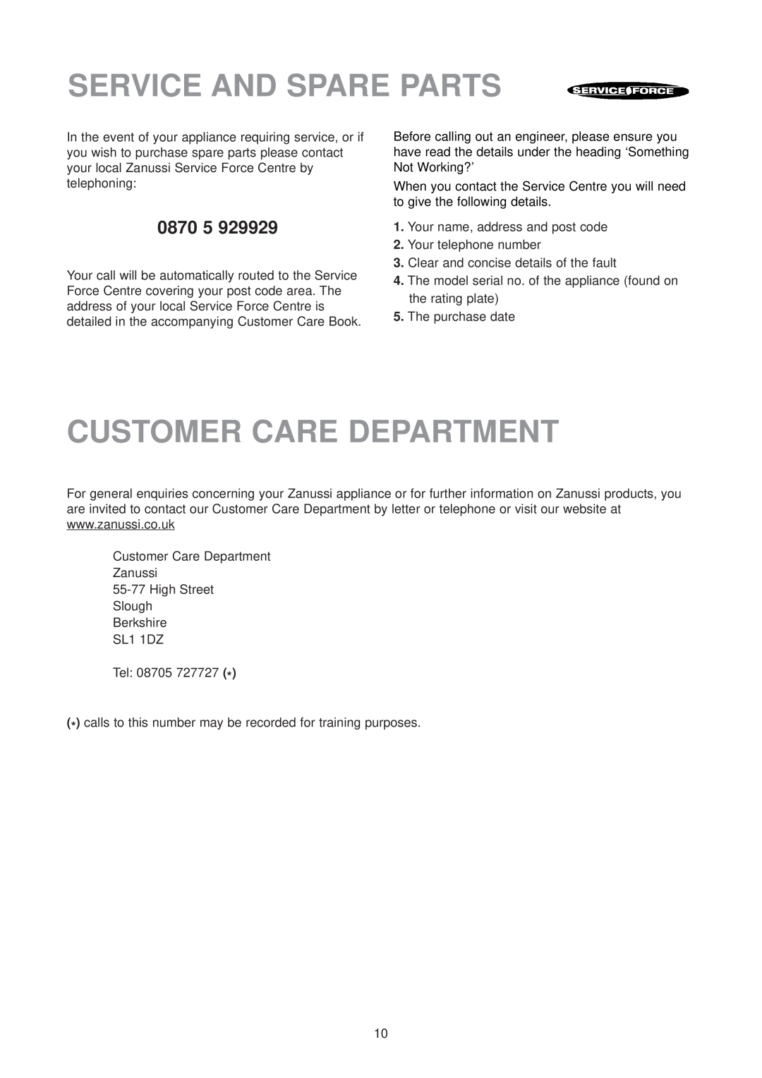 Zanussi ZU 9100 F manual Service And Spare Parts, Customer Care Department, 0870 