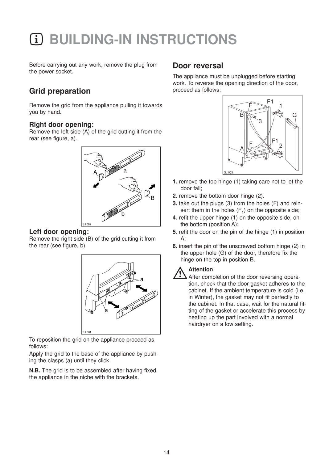 Zanussi ZU 9120 F manual BUILDING-IN Instructions, Grid preparation, Door reversal 