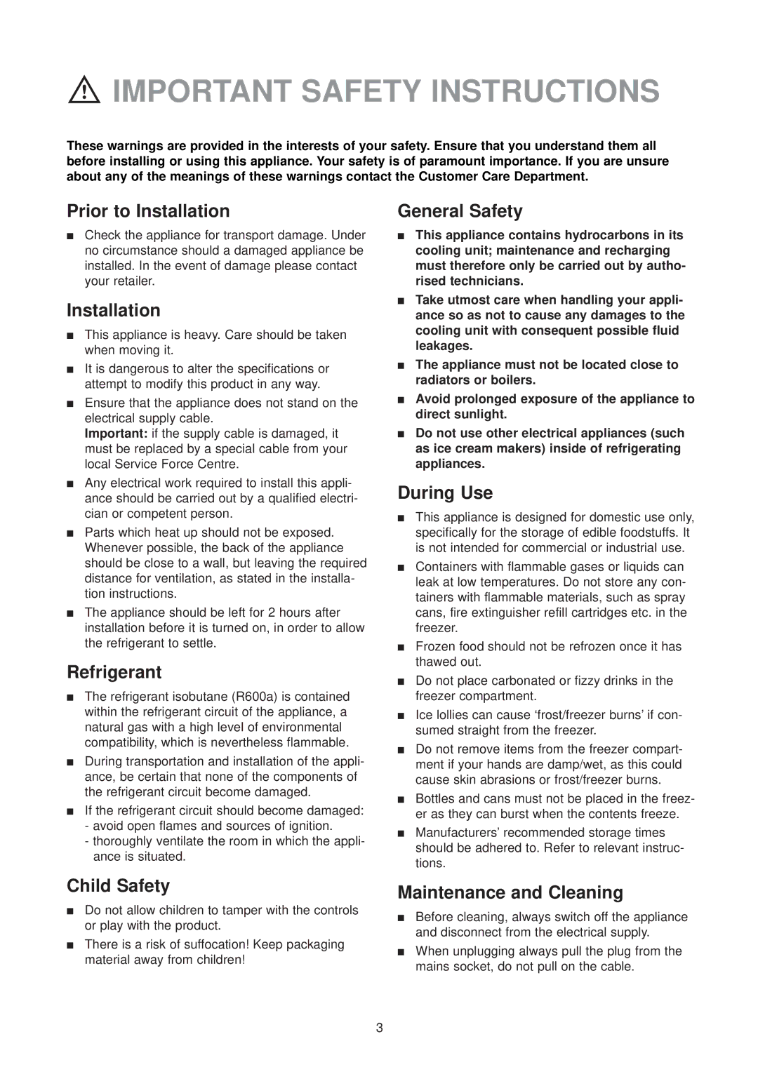 Zanussi ZU 9120 F manual Important Safety Instructions 