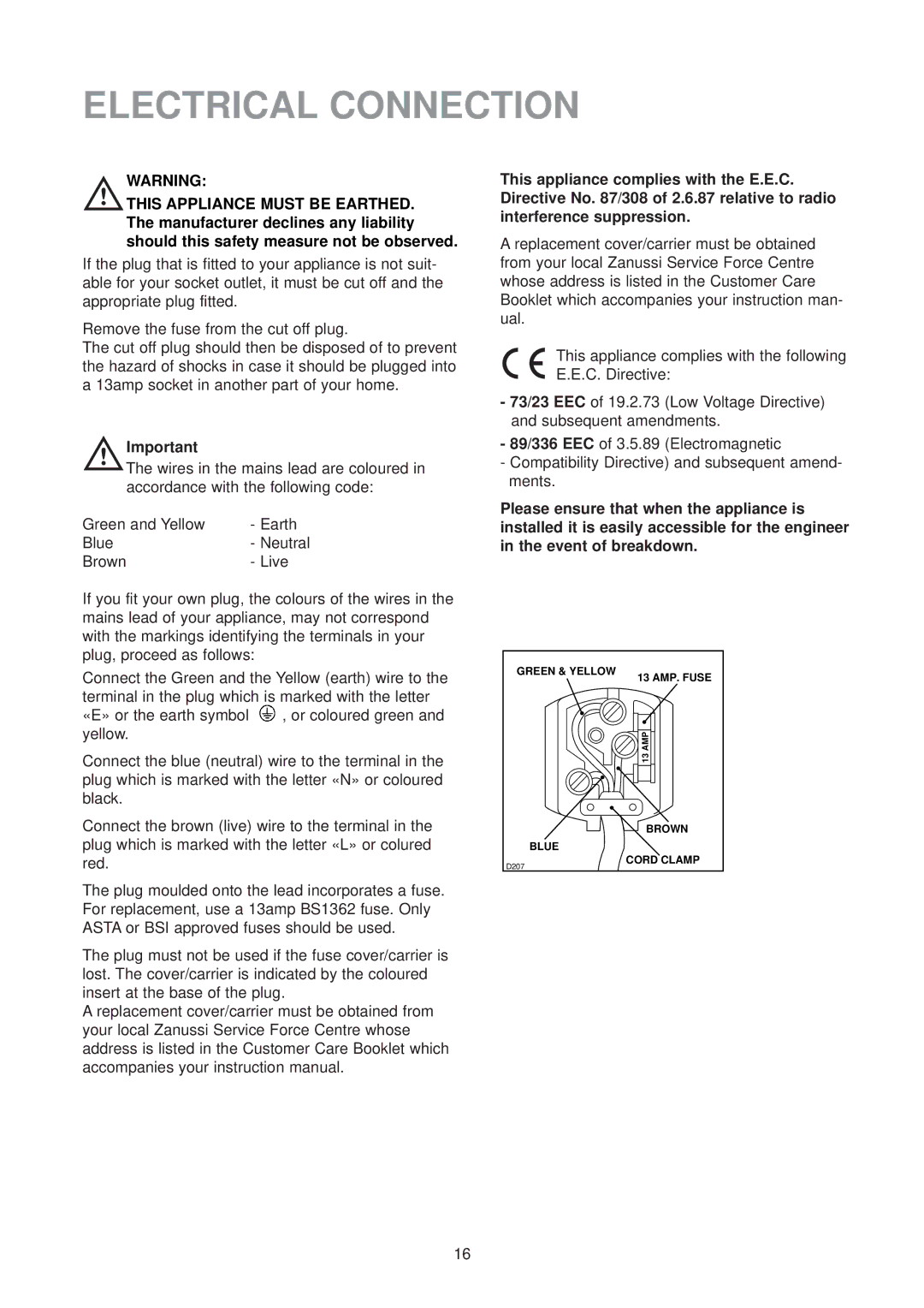 Zanussi ZU 9124 manual Electrical Connection 