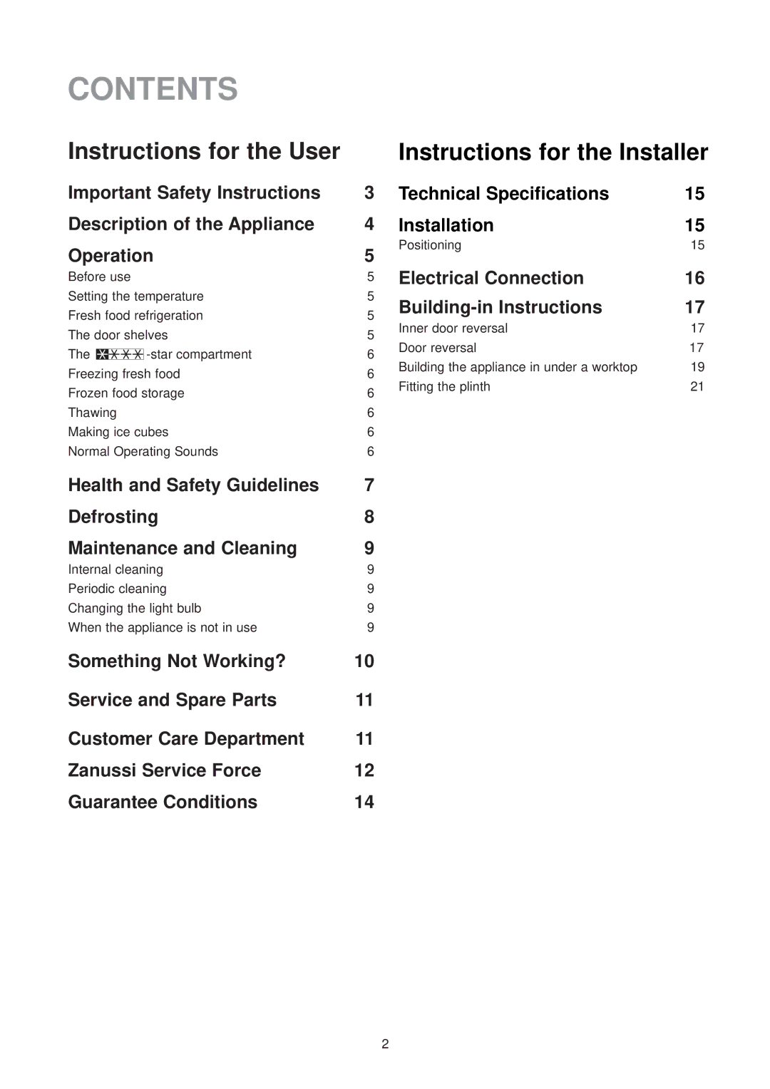 Zanussi ZU 9124 manual Contents 