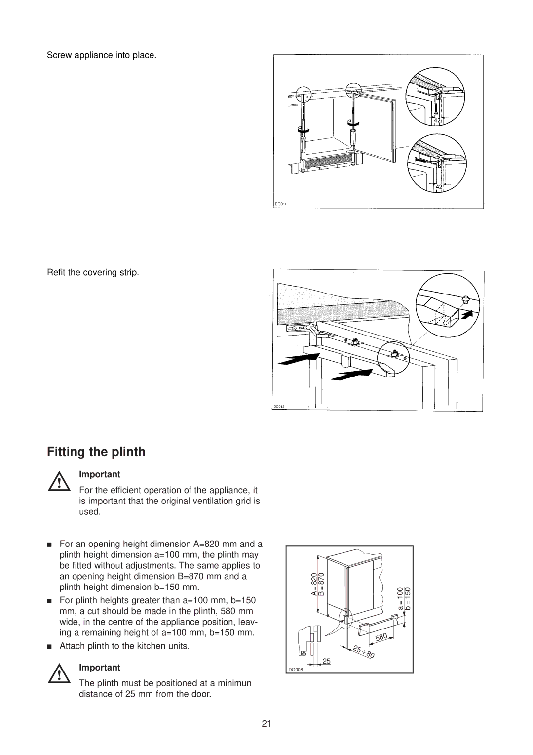 Zanussi ZU 9124 manual Fitting the plinth 