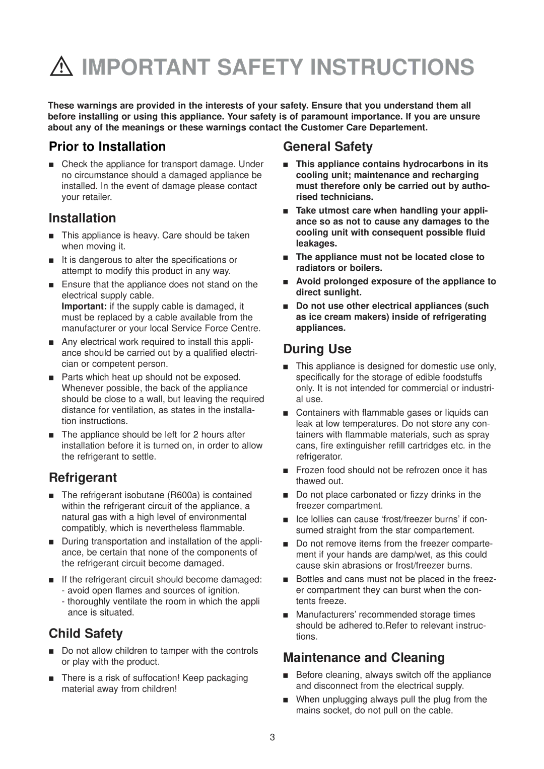 Zanussi ZU 9124 manual Important Safety Instructions 