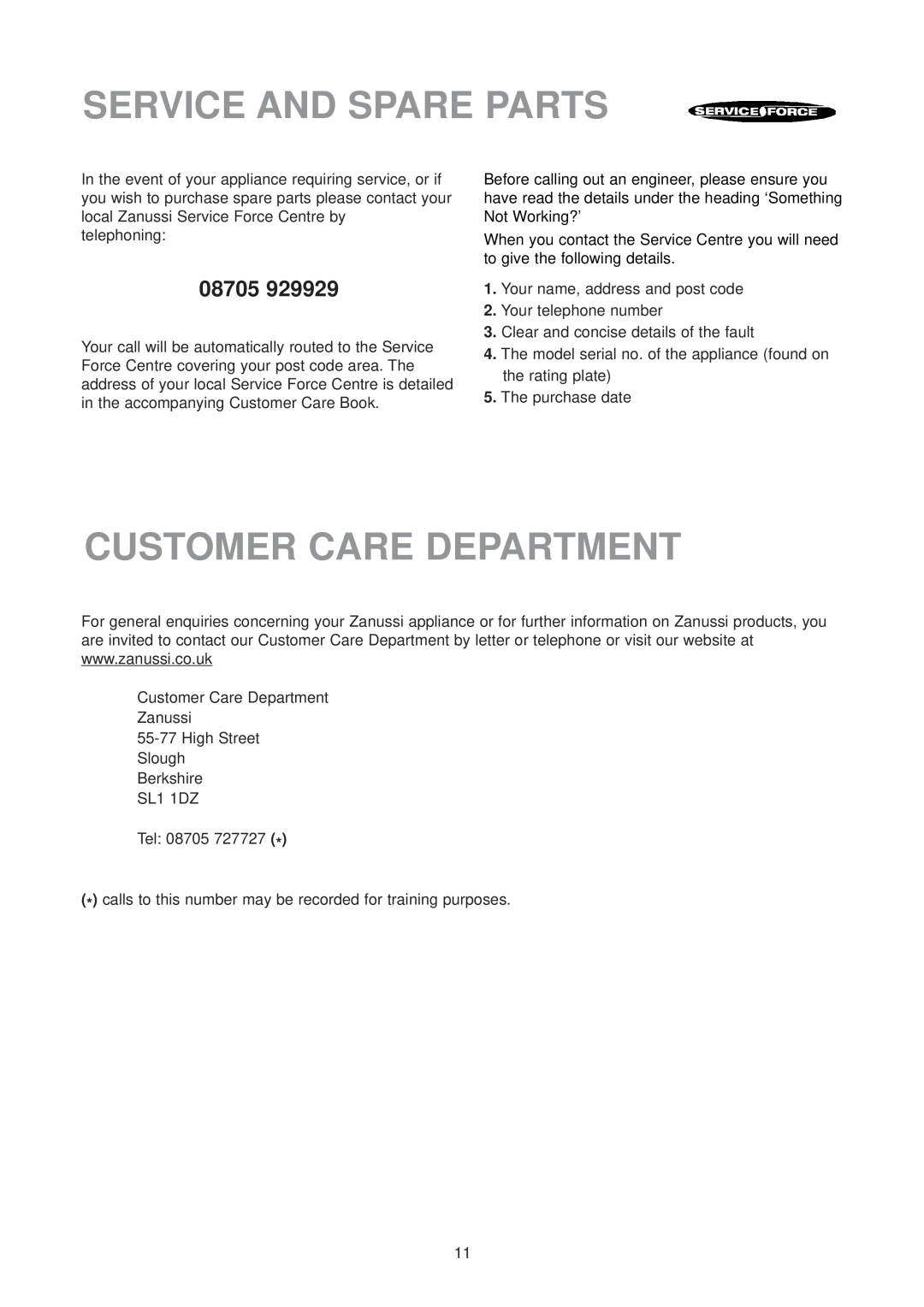 Zanussi ZU 9124 manual Service And Spare Parts, Customer Care Department, 08705 