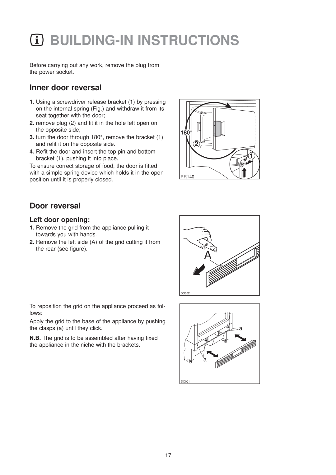 Zanussi ZU 9124 manual Building-In Instructions, Inner door reversal, Door reversal, Left door opening 
