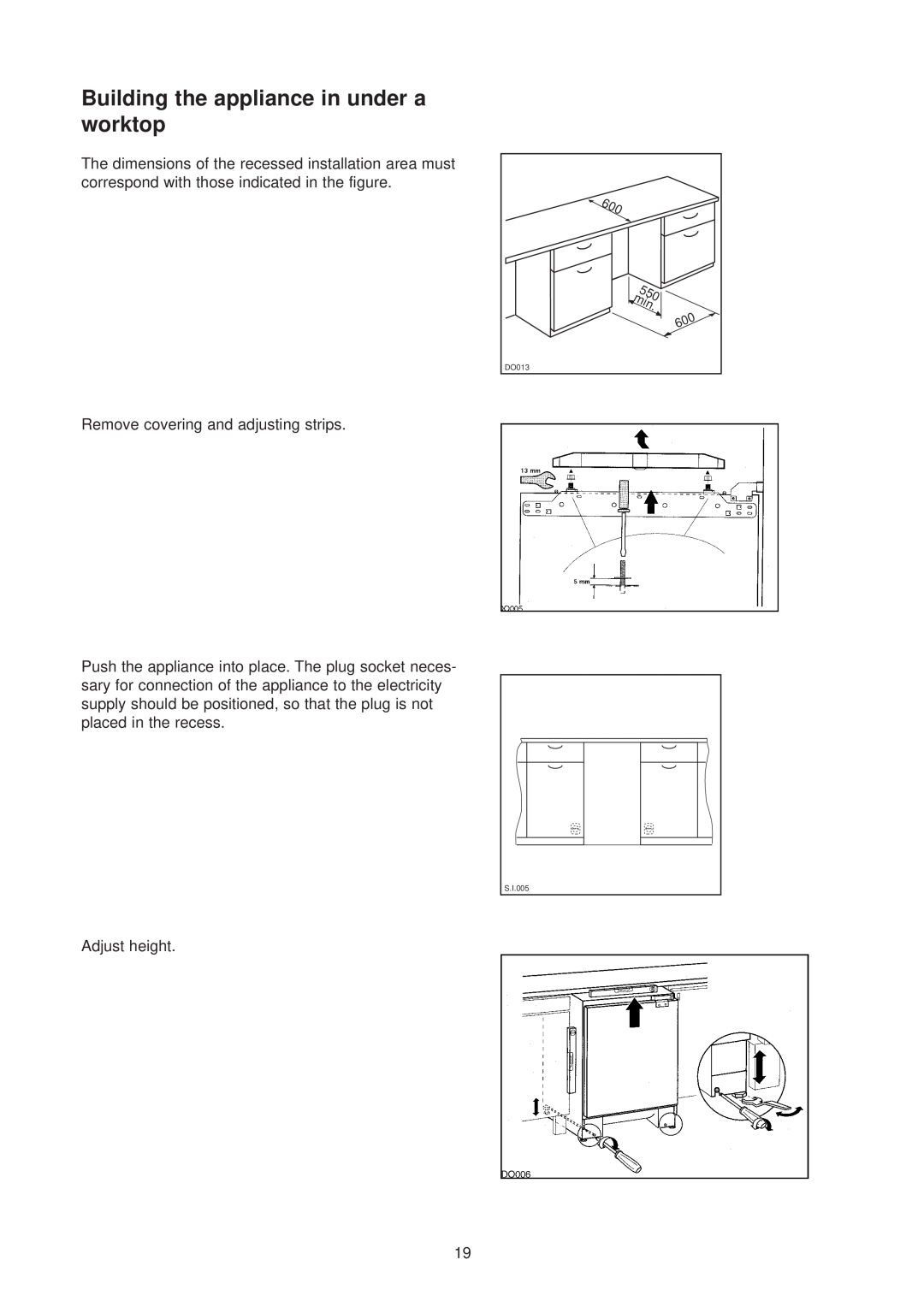 Zanussi ZU 9124 manual Building the appliance in under a worktop, S.I.005, DO013 