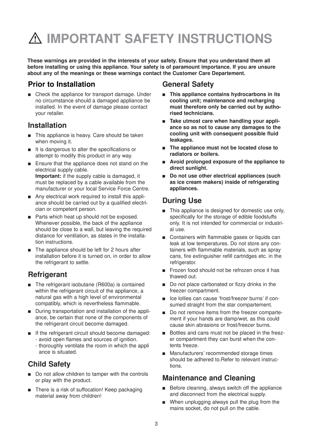 Zanussi ZU 9124 manual Important Safety Instructions, Prior to Installation, Refrigerant, Child Safety, General Safety 