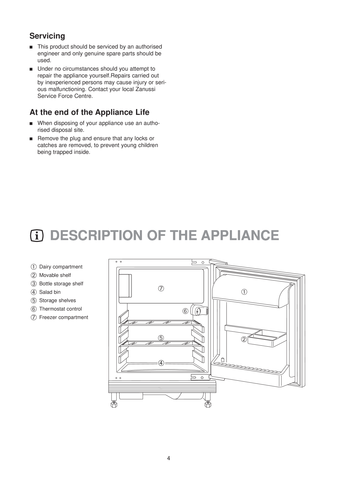 Zanussi ZU 9124 manual Description Of The Appliance, Servicing, At the end of the Appliance Life, ➆ ➅ ➄ ➃ 