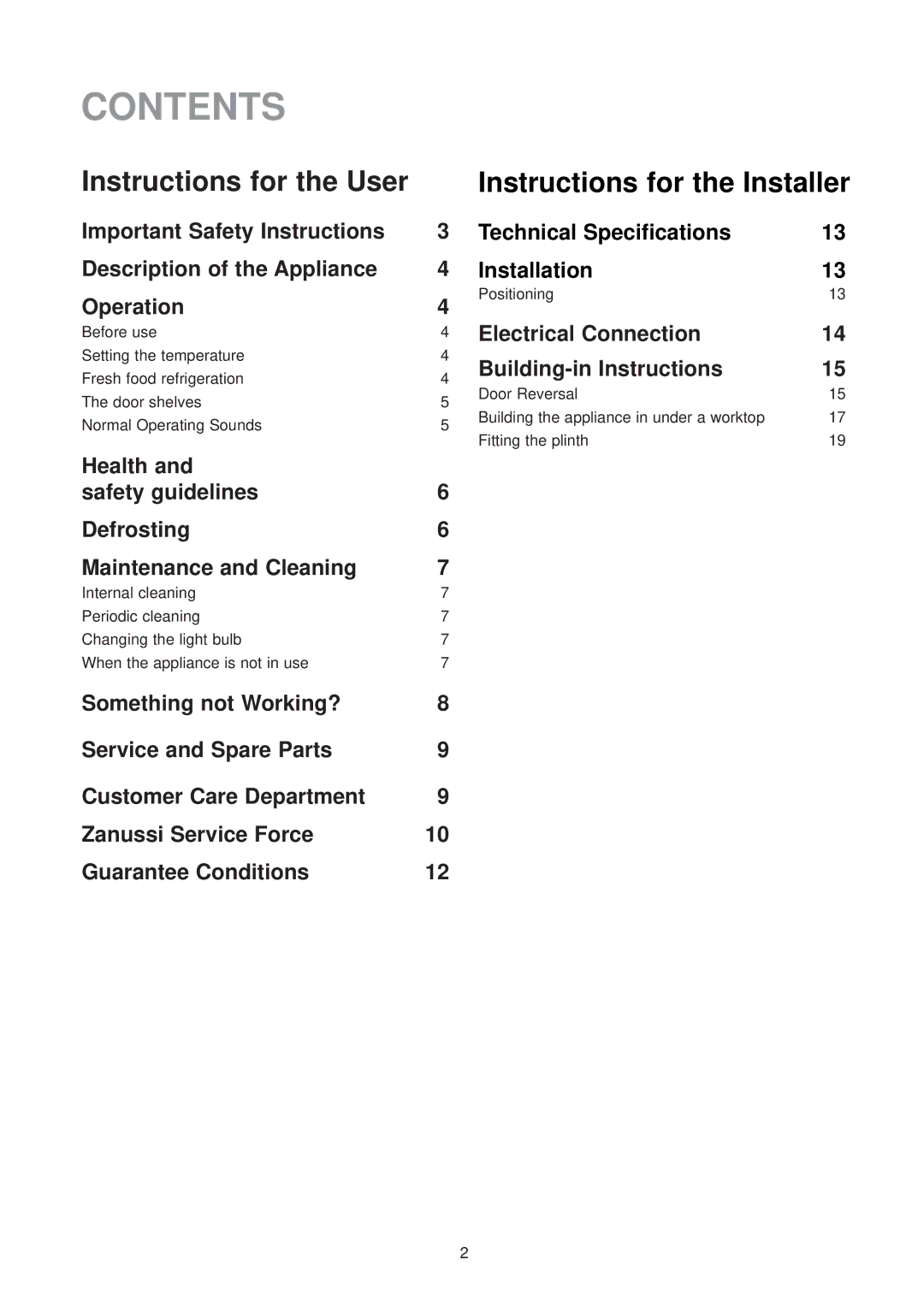 Zanussi ZU 9154 manual Contents 