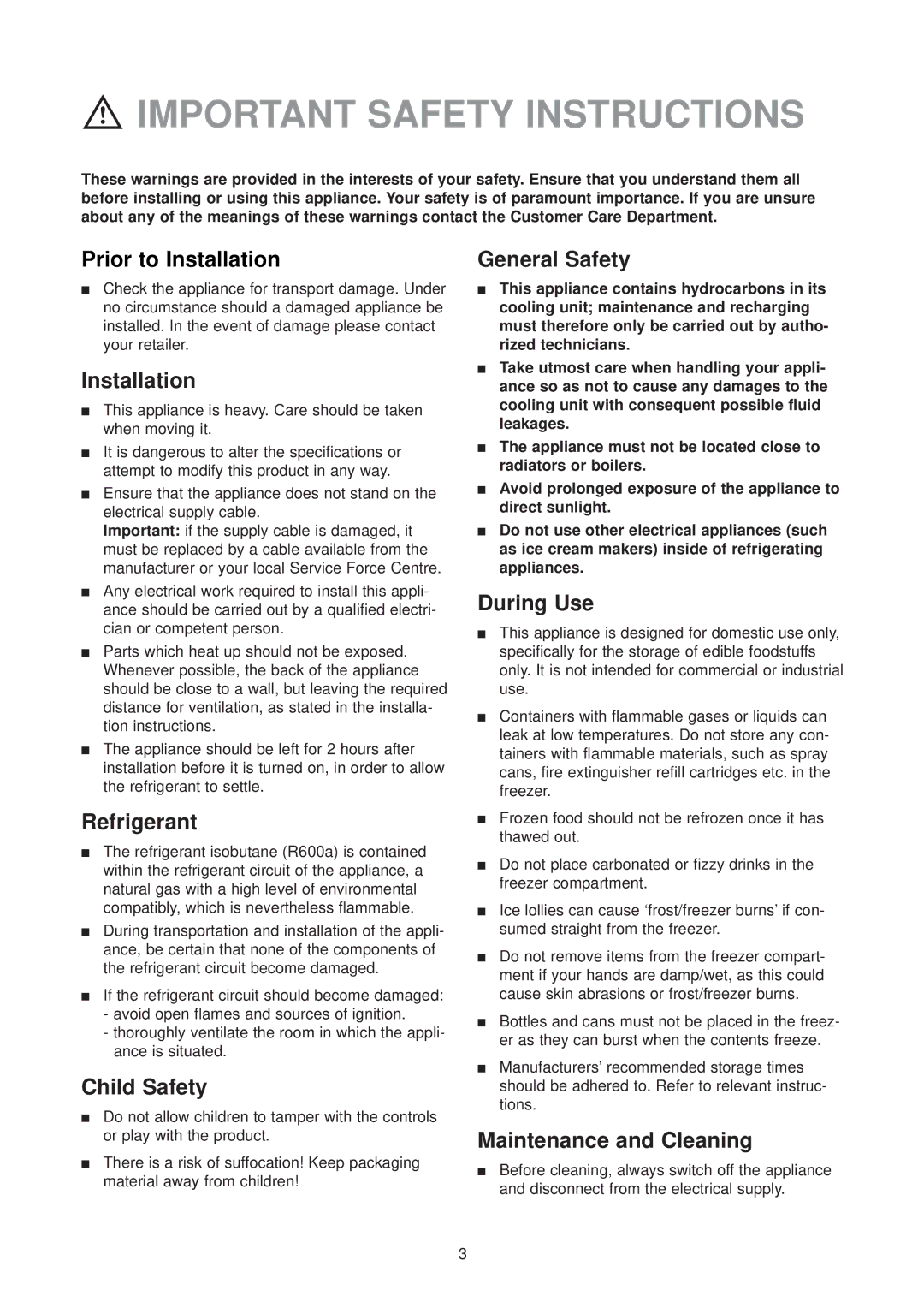 Zanussi ZU 9154 manual Important Safety Instructions 